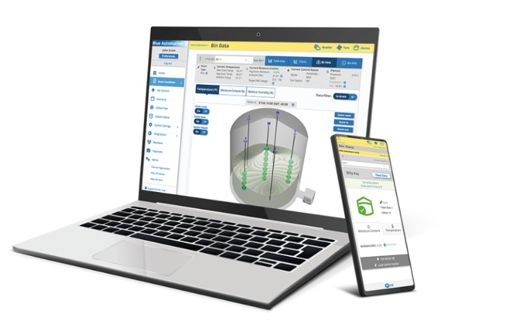 OPI BLUE Automation grain monitoring dashboard shown on laptop and mobile